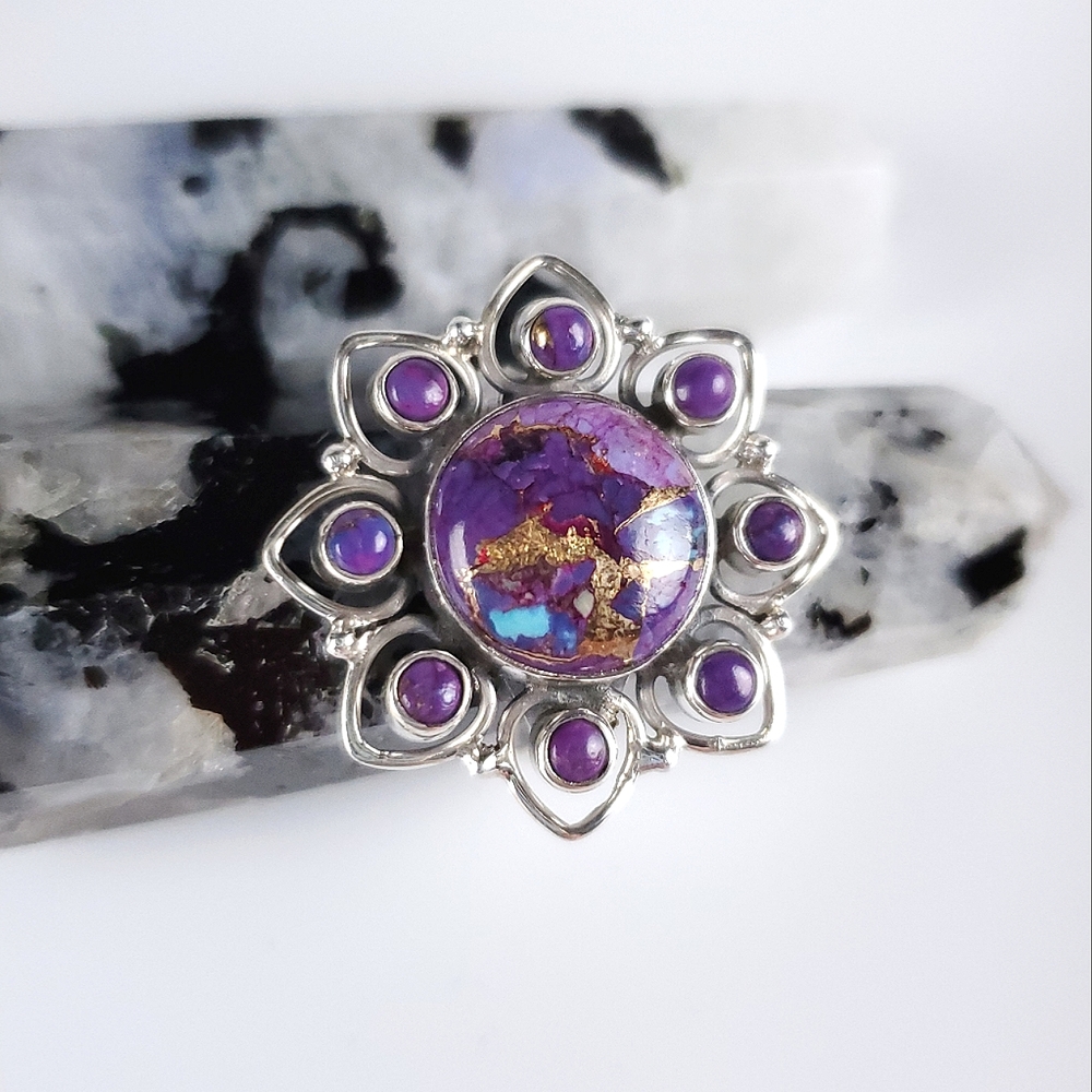 925 Sterling Silver Purple Copper Turquoise Flower Ring Size 9 New - Picture 4 of 13